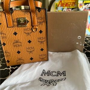 MCM Mini Shopper Tote Cognac Visetos Leather Dog Charm Gold Chain Strap